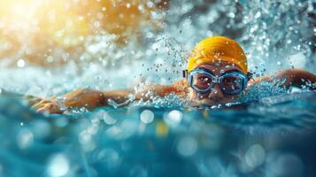 Mann Schwimmen im Schwimmbad mit Gelb Hut und Brille foto