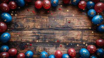 hölzern Hintergrund mit Rot, Weiss, und Blau Luftballons foto