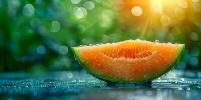 ai generiert Melone Scheibe mit sonnendurchflutet Tau Tropfen foto
