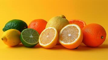 sortiert Orangen, Zitronen, und Grapefruits auf Gelb Hintergrund foto