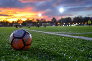 ai generiert Fußball Ball auf Feld beim Sonnenuntergang mit beschwingt Himmel und Stadion Beleuchtung foto