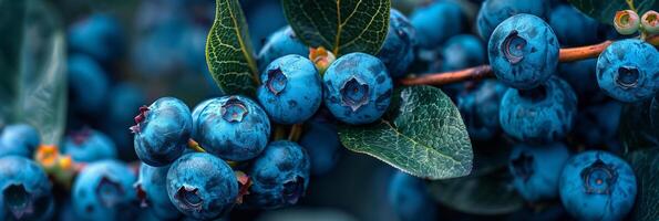 ai generiert frisch Blaubeeren auf das Busch im beschwingt natürlich Rahmen foto