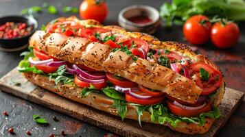köstlich Sandwich mit Tomaten, Zwiebeln, Kopfsalat, und Fleisch foto