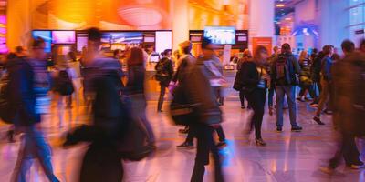 ai generiert Pendler im eilen beim modern städtisch Zug Bahnhof foto