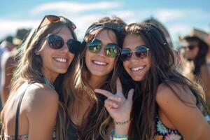 drei jung Frauen posieren zusammen beim ein Musik- Festival foto