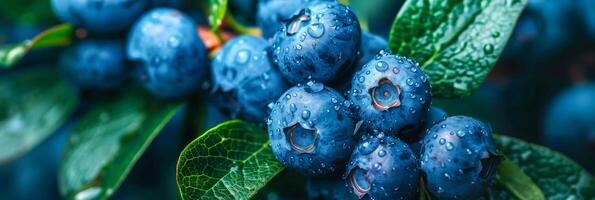 frisch Tau Tropfen auf reif Blaubeeren Cluster foto