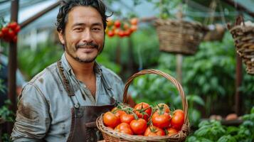 Mann halten Korb von Tomaten im Gewächshaus foto