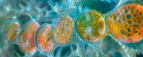 bunt abstrakt mikrobiell Zellen unter ein Mikroskop foto