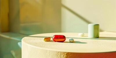minimalistisch Medikation Konfiguration mit ein bunt Pille auf ein Tabelle foto