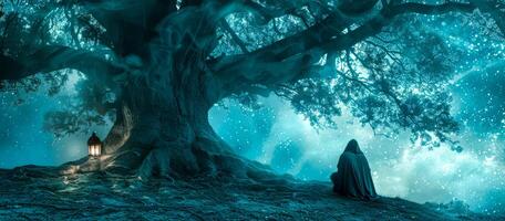 mystisch Zauberer unter das kosmisch Baum mit Laterne Licht foto