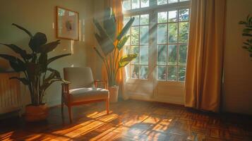 Leben Zimmer mit Stuhl und eingetopft Pflanze foto
