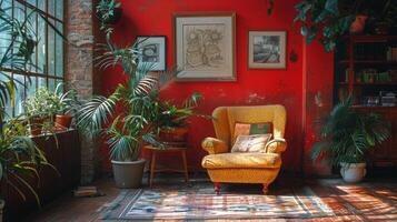 Leben Zimmer mit Stuhl und eingetopft Pflanze foto