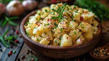 hölzern Schüssel gefüllt mit Kartoffel Salat auf Tabelle foto