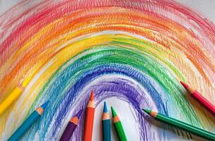 Regenbogen von farbig Buntstifte auf Weiß Oberfläche foto