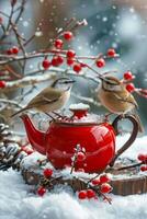 Winter Vögel thront auf schneebedeckt rot Teekanne inmitten Beeren foto