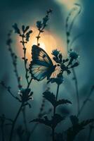 Schmetterling Silhouette auf Wildblumen beim Sonnenaufgang foto