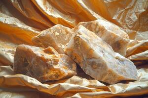 golden Quarz Kristalle auf seidig Stoff mit glänzend Falten foto
