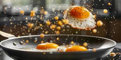 dynamisch Ei braten im schwenken mit Spritzen Öl Tropfen foto
