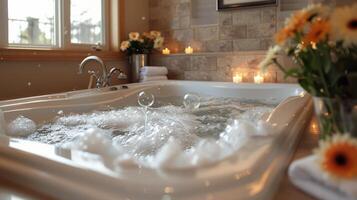 Badewanne gefüllt mit Blumen und Kerzen foto