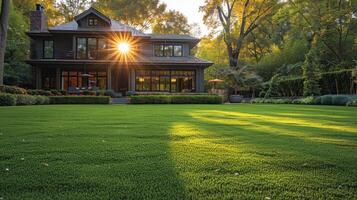 groß Haus mit üppig Grün Rasen foto
