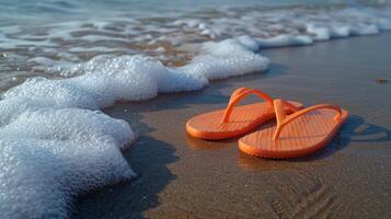 Sandalen ruhen auf sandig Strand foto