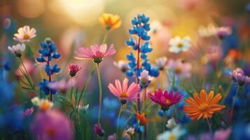 Feld von bunt Blumen unter Himmel Hintergrund foto