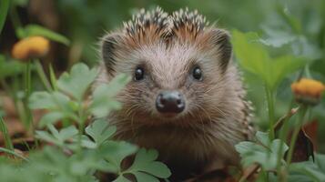 Igel spähen unter Blätter foto