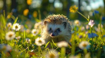 Igel spähen unter Blätter foto