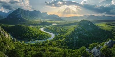 Fluss fließend durch üppig Grün Senke foto