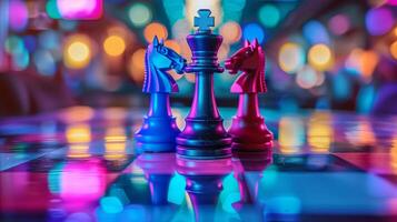 strategisch Schach Spiel im beschwingt beleuchtet Rahmen foto