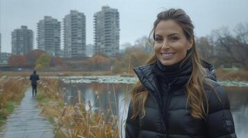 lächelnd Frau im schwarz Jacke durch ein Stadt Park See im Herbst foto