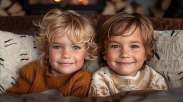 lächelnd Geschwister genießen gemütlich Innen- Moment foto