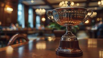 elegant Trophäe angezeigt auf hölzern Tabelle im schwach beleuchtet Zimmer foto