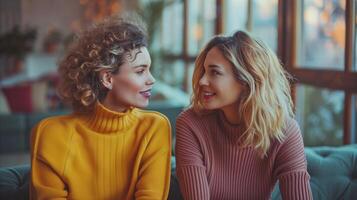 zwei Frauen chatten im ein gemütlich Cafe Rahmen foto