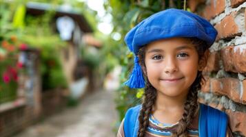 lächelnd jung Mädchen im Blau Baskenmütze durch Backstein Mauer auf Kopfsteinpflaster Straße foto