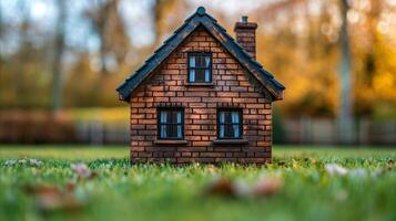 Miniatur Backstein Haus Modell- auf grasig Feld beim Sonnenuntergang foto