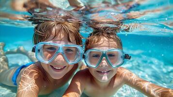 unter Wasser lächelt von zwei jung Schwimmer tragen Brille foto