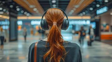 rothaarig Frau mit Kopfhörer beim beschäftigt Transit Bahnhof foto