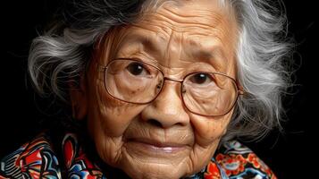 heiter Alten Frau mit Brille im Nahansicht Porträt foto