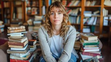 jung Frau Sitzung unter Haufen von Bücher im ein Bibliothek foto