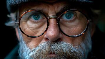 Nahansicht von ein Alten Mann mit runden Brille und grau Bart foto