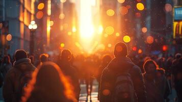 Sonnenuntergang Menge geschäftig im städtisch Straße foto