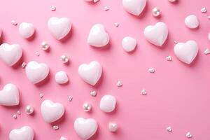 Weiß herzförmig Dekorationen und Perlen auf ein Barbie Rosa Hintergrund zum Valentinsgrüße Tag Feier foto