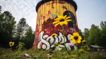 verwüsten Wasser Turm geschmückt mit beschwingt Graffiti foto