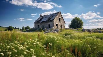 verlassen Stein Bauernhaus im Wiese foto