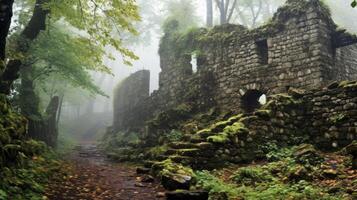 Fort von Antike verhüllt im neblig Wald foto