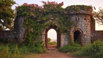 Fort Turm Eingang bedeckt im dämmert Licht und Vegetation foto