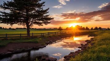 still Bauernhof Teich beim Sonnenuntergang foto