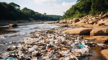 Müll verstreut im trocken Fluss foto