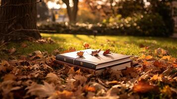 Buch inmitten Herbst Blätter im Garten foto